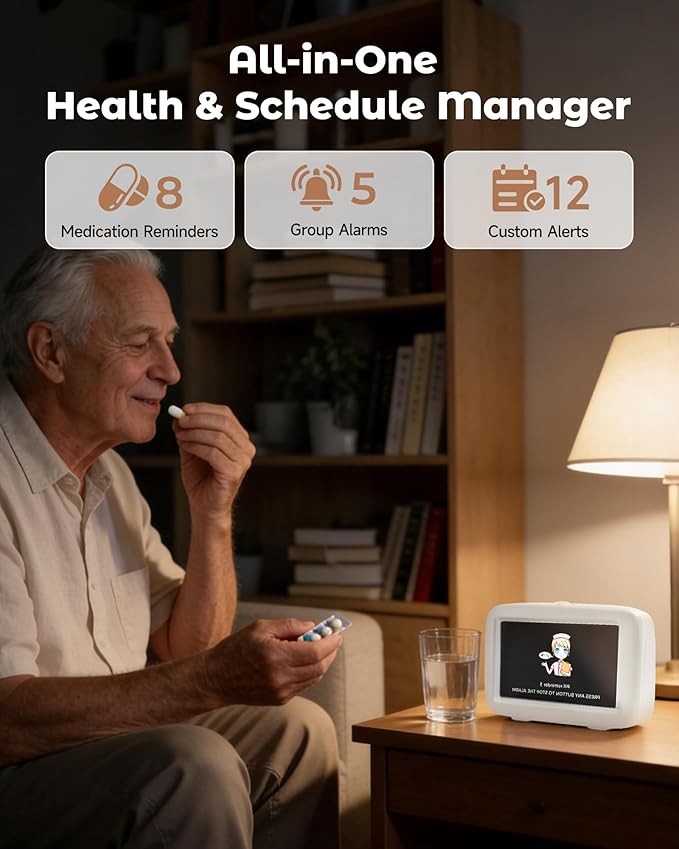 PILSAMAS Talking Clock for Seniors, 8 Medication Pill Reminders Alarms | Big digit, 12 custom event alerts, 5 Alarms & Auto DST, Bedside & desk alarm clock for blind, Visually Impaired, Dementia