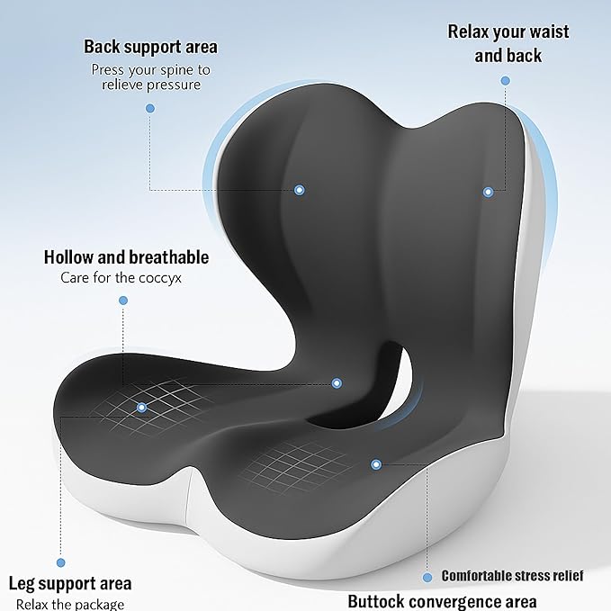 Ergonomic Seat Cushion with Back Support for Tailbone Pain Relief, Raised Seat & Thickened Lumbar Support for Office, Home, and Long-Distance Driving (Dark Gray)