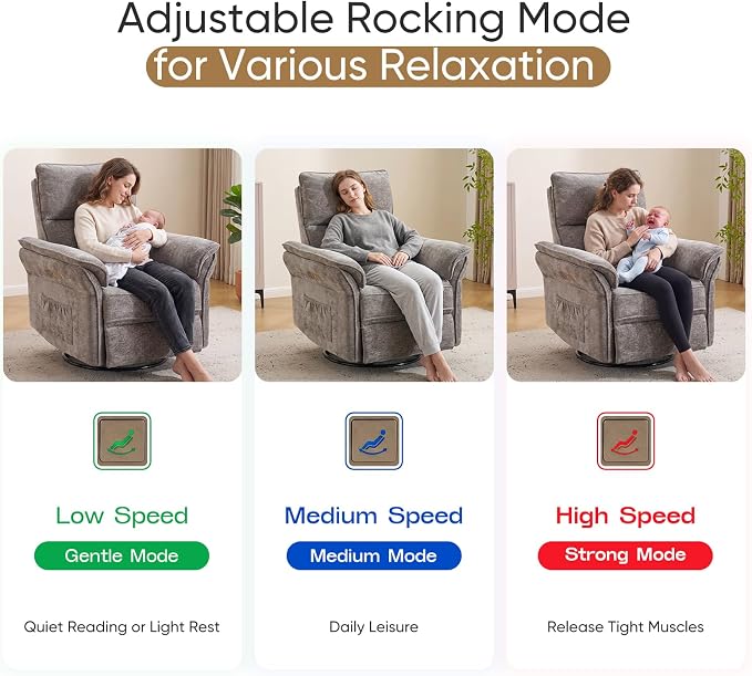 Power Nursery Recliner with Auto Rocking,Oversized Swivel Rocker Recliner with Massage and Heat,Glider Recliner Nursery Chair with Adjustable Headrest for Living Room and Bedroom,Dark Grey