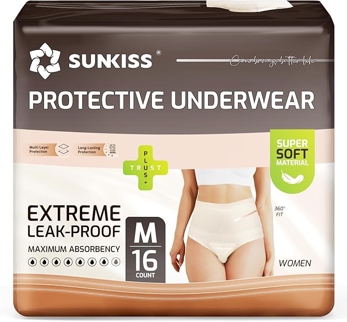 SUNKISS Women Incontinence Underwear, Daytime Disposable Postpartum Adult Panties, Protective Pull Ups with Maximum Absorbency, Medium, Beige, 16 Count