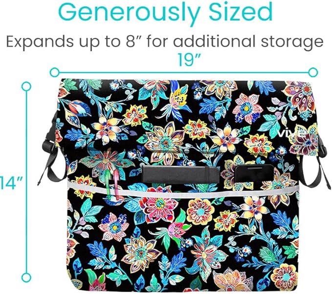 Vive XL Wheelchair Accessories Bag - Waterproof, Scratch-Resistant, Double-Stitched, Machine Washable for Adults, Seniors, 15 Colors - Storage Walker Backpack to Hang on Back (Black Floral)