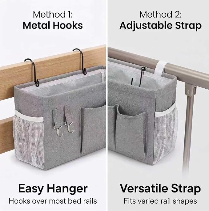 2pc Bedside Caddy Organizer with Hooks, No-Sagging Canvas Hanging Bed Pocket with Water Bottle Holder, Bedside Storage for Dorm Room Essentials, Bunk Bed Accessories, Hospital Bed Rails & Crib (gray)