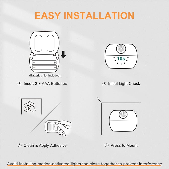 DiCUNO Motion Sensor Night Light, Stick-On, Battery Operated, 3000K, 4-Pack | Stick-On Nightlight with Dusk to Dawn Sensor, 20lm, Warm White, 0.5W, Night Lights LED for Bedroom, Bathroom, Hallway, Stairs