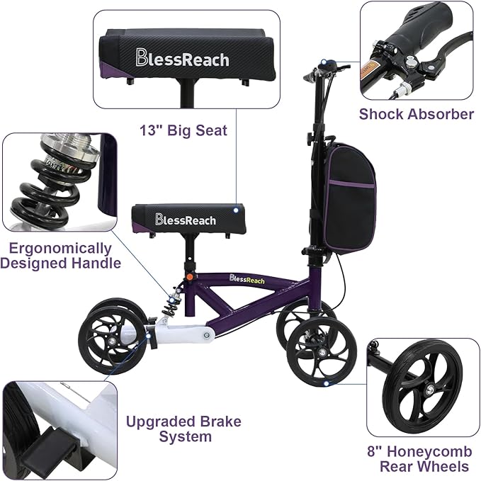 Steerable Knee Walker Deluxe Medical Scooter for Foot Injuries Compact Crutches, with Dual Rear on-Wheel Brake and Shock Absorption Under The Knee pad