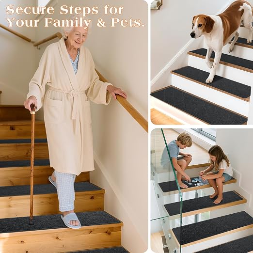Stair Treads for Wooden Steps 15 PCS, Non Slip Rugs Dark Grey | 8x30in Self-adhesive Stair Runner Strips, Machine Washable, Indoor Carpet for Stairs, Stair Protection for Kids Pets Elderly