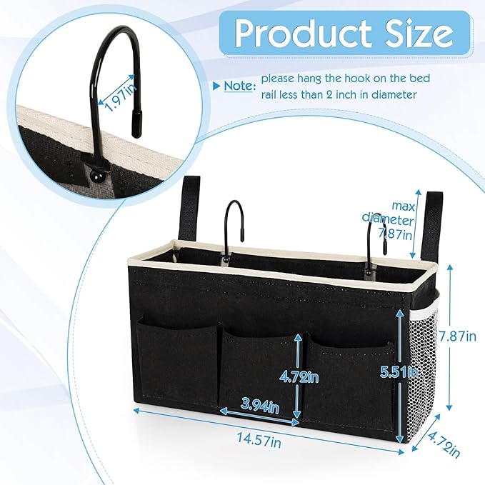 Bedside Caddy Bedside Storage Bag for Headboards/Bunk Bed | Hanging Bed Caddy with Hooks fits Bunk bed Hospital Beds Dorm Bed Rails, Essentials for Phones, Books, Remotes, Water Bottles