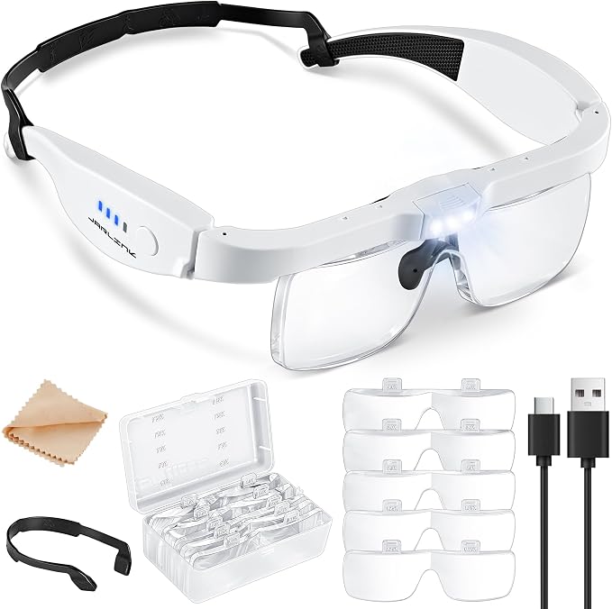 JARLINK Magnifying Glass with Light, 5 Lenses, Rechargeable Headset | Features 5 Lenses (0.75-4.0X) and 3 LED Lights. Rechargeable Headset Magnifier for Close Work, Crafts, and Model Makers