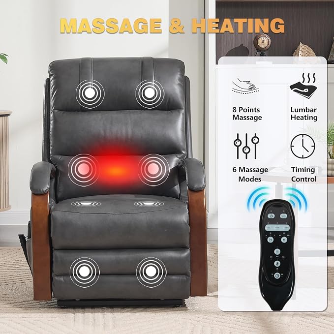 Trustyue Power Lift Recliner Chair, 180° Lay Flat Recliner, Lift Chair with Massage and Heat, Standing Assistance, Infinite Position Reclining, Living Room Chair for Elderly People (Faux Leather Grey)