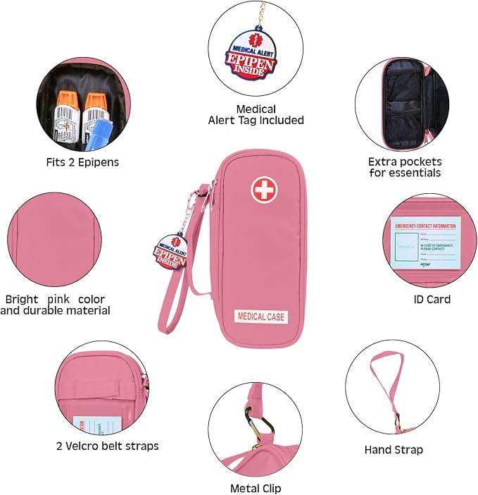 Jayour EpiPen Medical Carrying Case Insulated, Travel Medication Organizer Bag Emergency Medical Pouch, Fits 2 EpiPens, Asthma Inhaler, Anti-Histamine, Auvi-Q, Allergy Medicine Essentials (Pink)