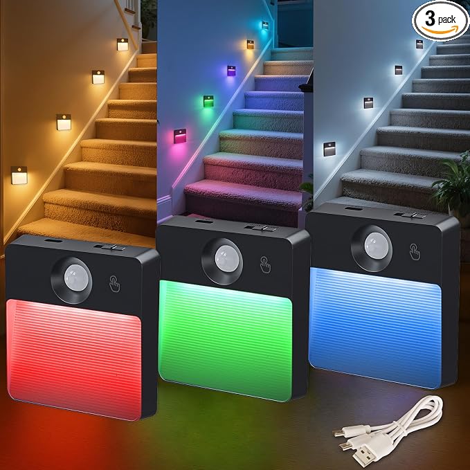 Guankai 3 Pack Motion Sensor Stair Light for Indoor, Rechargeable Battery Operated Night Lights, RGBW Stick On Closet Lamp, Motion Activated Magnetic Lighting Lamps for Step, Cabinet,Hallway,Bathroom