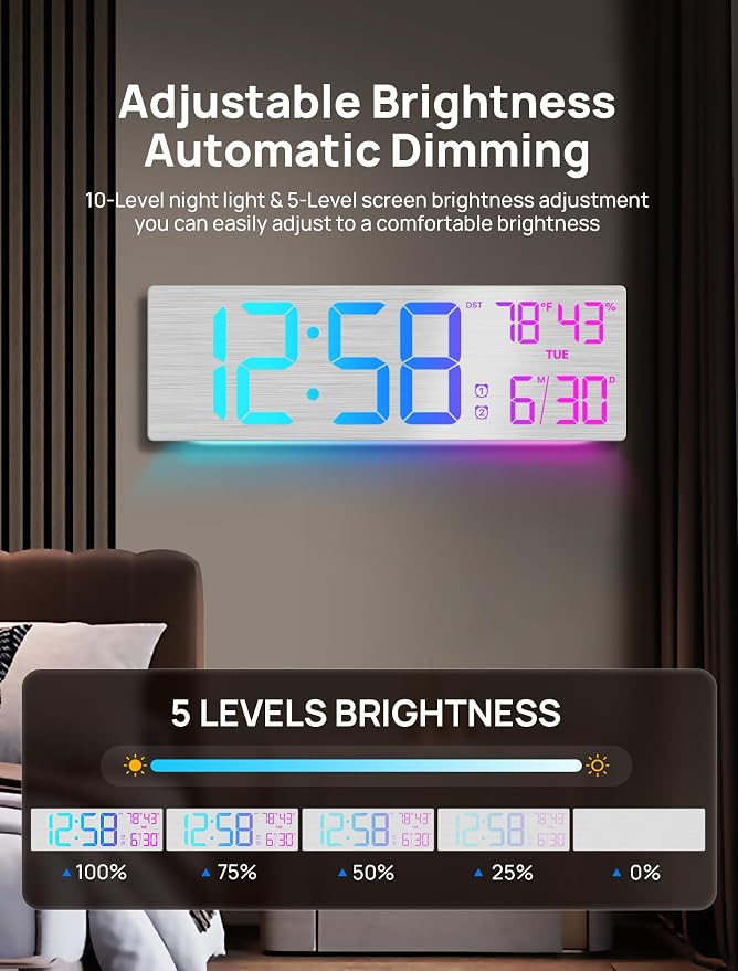 18.5" Large Digital Wall Clock with Remote Control, Big LED Display Digital Clocks with Night Light, Alarm, DST, Temp, Date for Living Room, Bedroom, Office, Classroom, Gifts for Seniors(Silver)