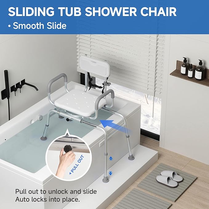 Sliding Shower Chair Tub Transfer Bench with Swivel Seat, Padded Armrest and Backrest, Height Adjustable for Bathtubs, Inside Shower, for Handicap & Seniors，350 Lbs