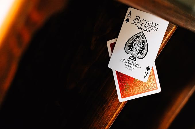 Bicycle 140th Anniversary Playing Cards Special Edition 1885 Design | Red and gold foil, Historic aces from 1885 artwork, Court cards marked with 1885 and 2025, Air Cushion Finish