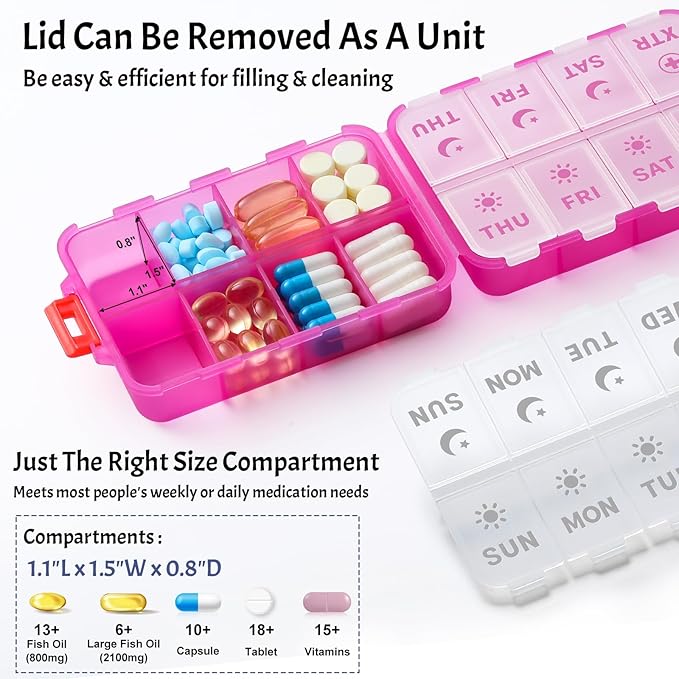 Foldable Weekly Pill Organizer 2 Times a Day with 2 Extra Compartments - Etched Labels - Portable 7 Day AM PM Medicine Box, Week Daily Travel Pill Case Holder for Meds, Vitamin, Supplement -Clear Pink