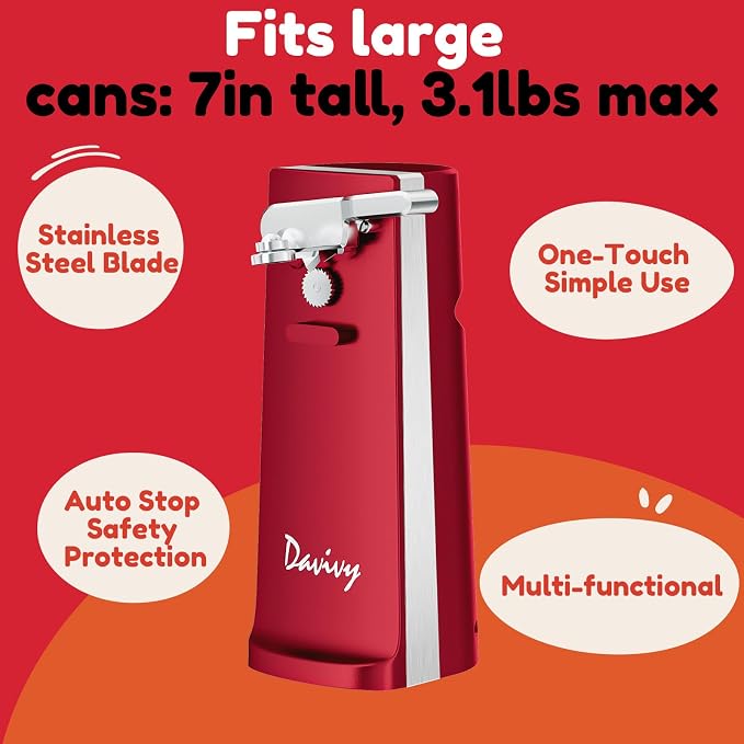Davivy Electric Operated Can Opener for One Millet Opener, Removable Stainless Steel Cutter and 3-in-1 Design with Knife Sharpener and Bottle Opener (ABS-Red)