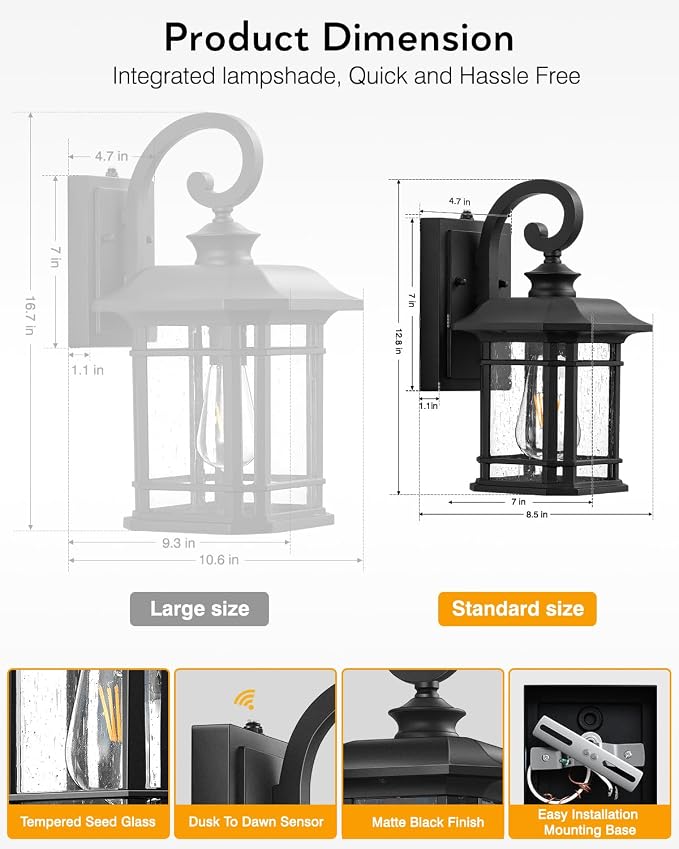VIANIS Black Outdoor Light Fixture Dusk to Dawn, 2 Pack Porch Lights Outdoor, Exterior Lighting Fixtures with Seed Tempered Glass, Outside Lights for House, Garage, Doorway, Patio