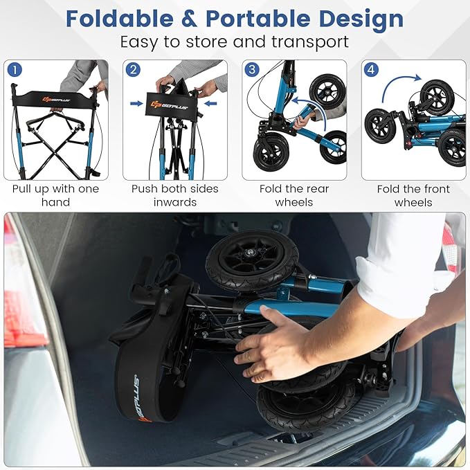 Goplus Walkers for Seniors with Seat, 2 in 1 Folding Rolling Rollator Walker with 9" Pneumatic Tires for All Terrain, Height Adjustment, Ergonomic Backrest, Aluminum Adult Mobility Walking Aid