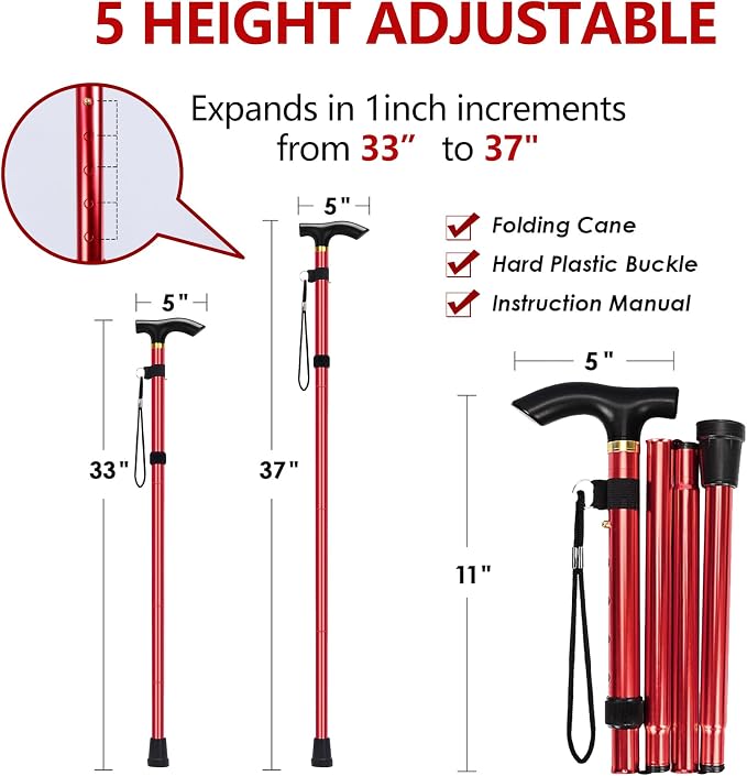 Walking Cane, Folding Cane for Man & Women, Portable Lightweight | 5-Level Adjustable Height, Collapsible Cane for Seniors Balancing Mobility Aid