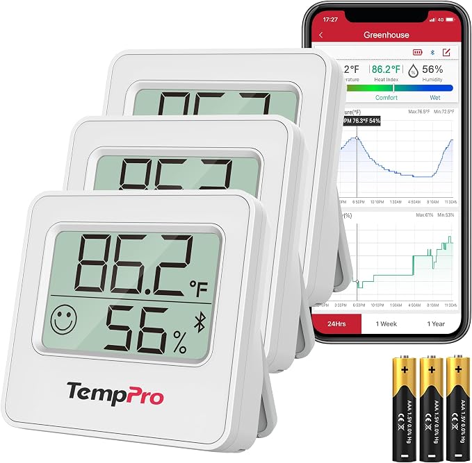 TempPro TempAir 3 Pack Digital Hygrometer Indoor Thermometer of 260FT | Bluetooth Thermometer Humidity Meter with Smart App, Room Thermometer with Temperature Humidity Sensor