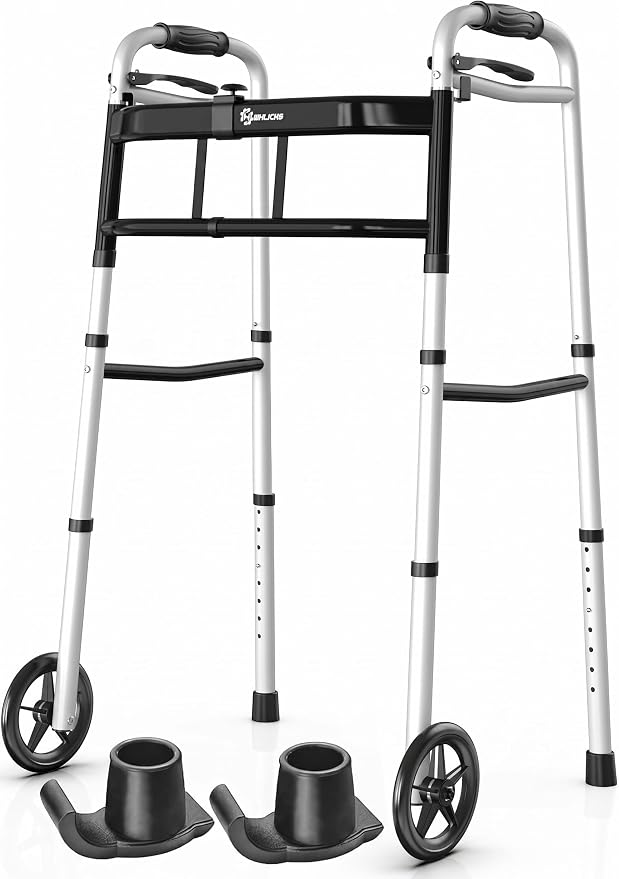 WHLICKS Folding Walkers for Seniors, Lightweight Aluminum Walker with 5'' Front Wheels and 2 Skis, Height Adjustable Standard Walker for Elderly and Disabled, Stable Frame up to 350 lbs