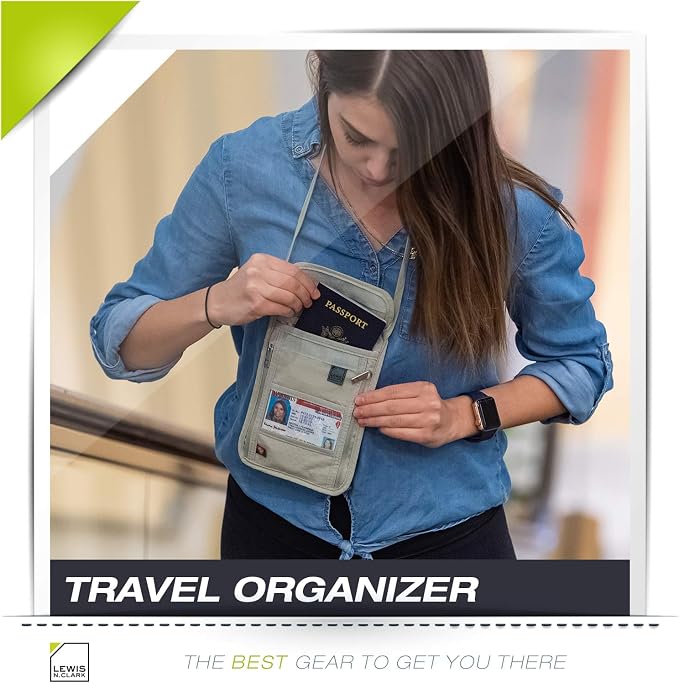 Lewis N. Clark RFID Blocking Stash Neck Wallet, Travel Pouch + Passport Holder for Women & Men, Taupe