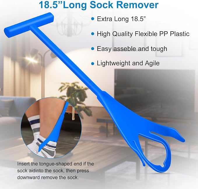Jellas Sock Aid for Putting On Socks Kit,4.0 Inch Sock Helper for Seniors | Flexible Long Rope Design, Easy Put On Take Off Socks, Comfort Independence Helper, Blue
