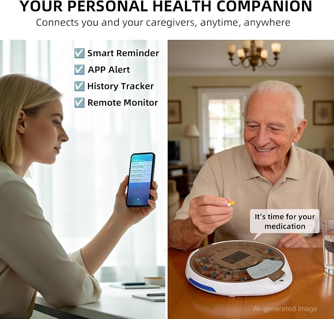 JULOS WiFi Automatic Pill Dipenser with Remote Care Monitoring for Seniors | Up to 9 Doses Per Day with Sound & Light Reminder, Top Lock Key, Ergonomic Lid Design for Elderly & Dementia Care