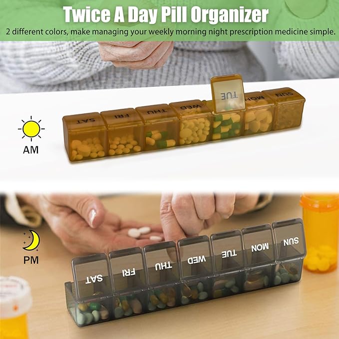 2 Pack Weekly Pill Organizer, Large 7 Day Pill Case, Daily Vitamin Case Medicine Box, AM/PM Pill Containers for Medicine Supplements Fish Oil (Khaki & Black)