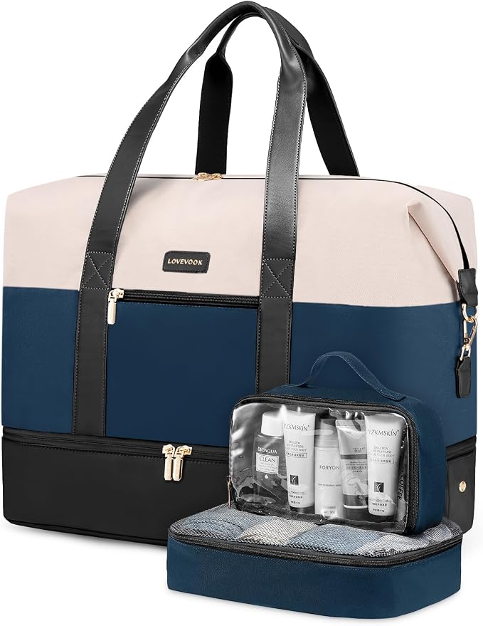 LOVEVOOK Weekender Bag for Women, Large Duffle Bag for Travel with 2 Packing Cubes, Carry on Overnight Bag with Shoe Compartment, Mom Hospital Bags for Labor and Delivery