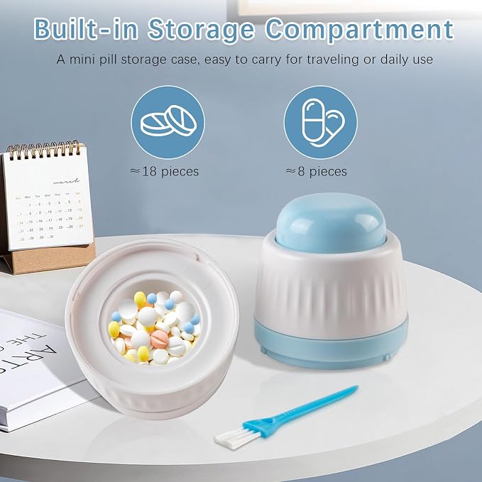 4 in 1 Pill Crusher | Pill Grinder | Pill Organizer, Pill Cutter 1/2 & 1/4 Splitter for Small and Tiny Pills Travel Pill Tablet Cutter Pill Crushing Grinding Machine, Easy Cleaning with 3’’ Brush