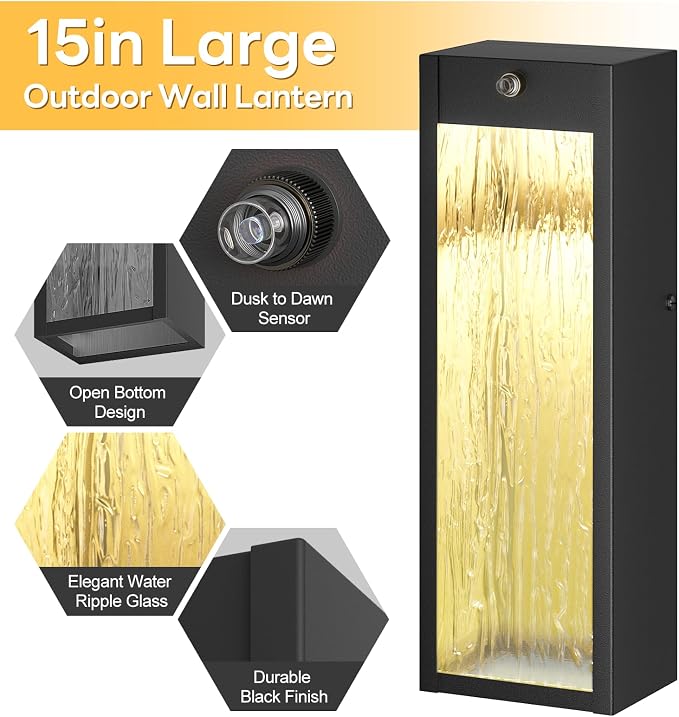 LED Outdoor Wall Light Fixtures Dusk to Dawn 2-Pack Porch Light | 15in Large Modern Sconce, Water Ripple, Waterproof, Exterior Lighting Wall Mounted, Outside Lantern for Garage Front Door