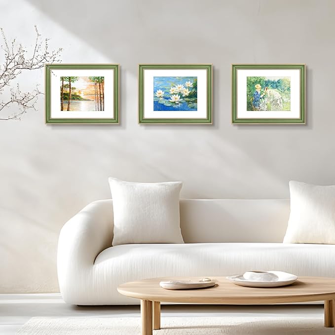 Golden State Art, 11x14 Photo Frame With Mat for Pictures 8x10 and Real Glass (Green With Gold Trim - White Color Mat, 1.25 Inch Frame Border)