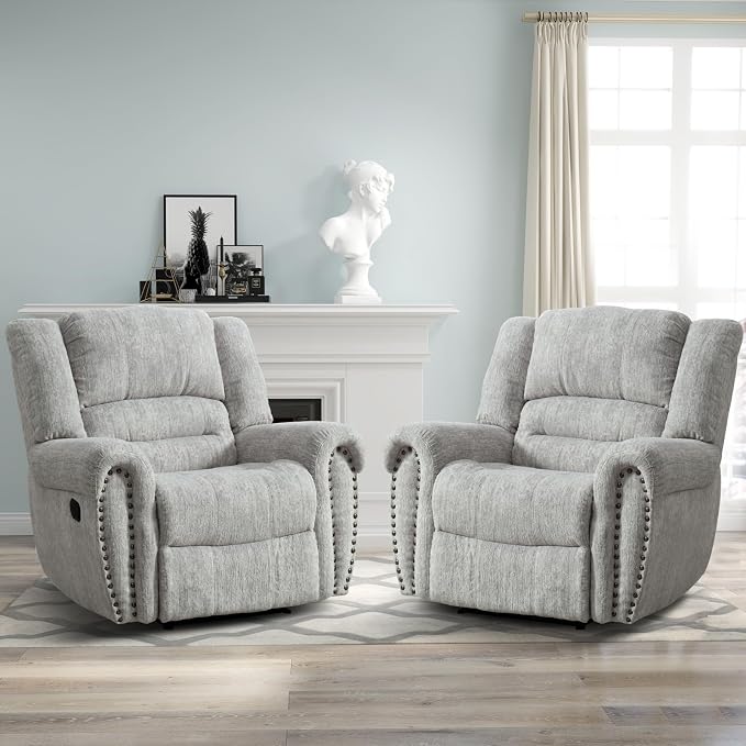 Manual Recliner Chair Set of 2, Classic and Traditional Manual Recliner Chair with Comfortable Arms and Back Single Sofa for Living Room, White Grey