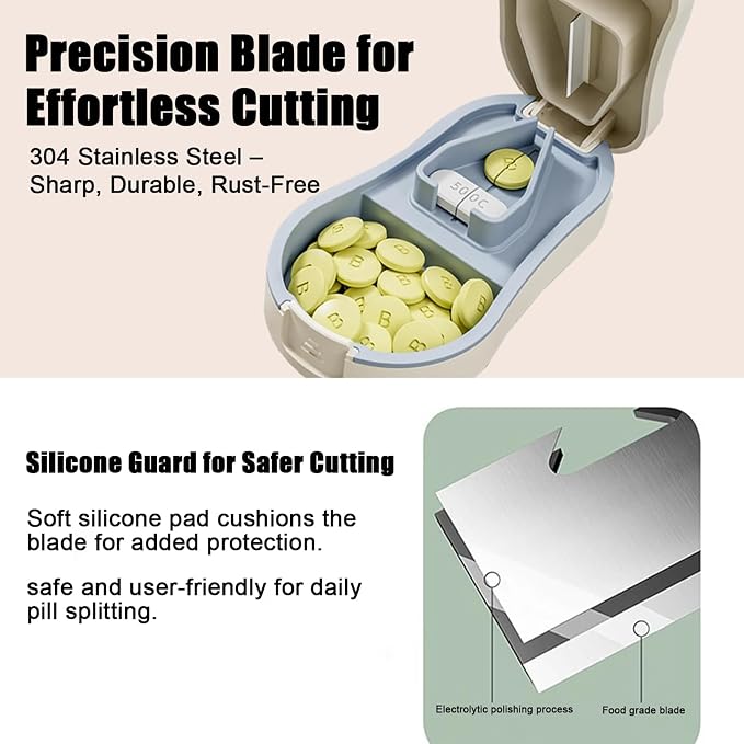 Pill Cutter Splitter for Small and Tiny Pills - Tablet Cutter with Centering Device, V-Slot, Storage and Cleaning Brush - Medicine Slicer for Accurate Cuts (White)