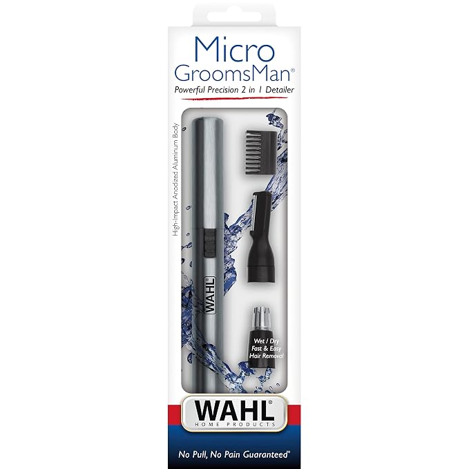 WAHL Micro Groomsman Personal Trimmer, Battery Powered | Rinseable Heads | Interchangeable Heads | For Facial Detailing | Model 05640-600
