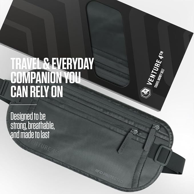 VENTURE 4TH Travel Money Belt, RFID Blocking Passport Holder - Sleek Gray