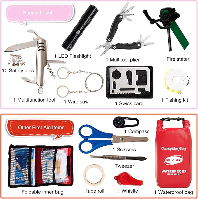 WELL-STRONG Boat First Aid Kit with Survival Tools, 123pcs Waterproof Emergency Marine Kit with Buckles, Compact Boat Safety Accessories for Fishing Kayaking Boating Camping Rafting Beach Red