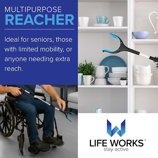 LIFE WORKS Reacher Grabber Tool, 360° Rotating Head, 4.5” Jaw Opening, Ergonomic Handle, Folds for Storage, Aids in Reaching Items High or Low, Surgery Recovery, Hip Replacement (2 Pack)