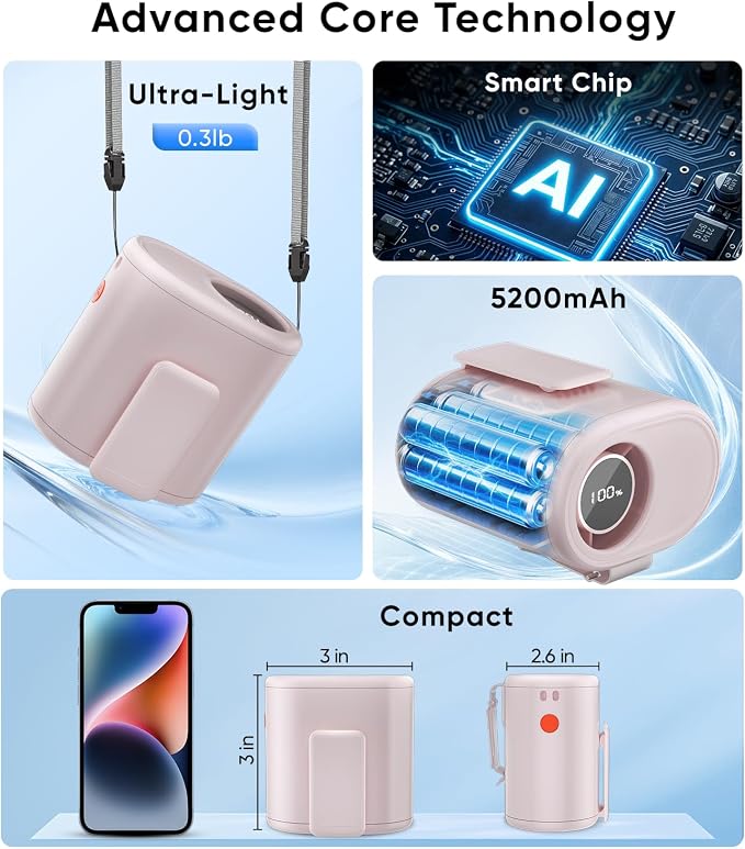 AI Portable Waist Fan, 6-Speed 15,000RPM Strong Turbo Airflow, 30H Cooling Battery Powered Personal Fan Rechargeable, Wearable Hands-Free Shirt/Belt/Body Fan for Travel, Work, Outdoor Off-White