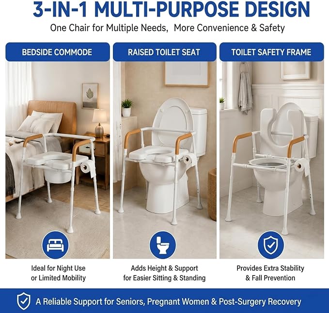 3-in-1 Bedside Commode for Seniors | 350lbs Reinforced Iron, Padded Seat & Arms, Height Adjustable Toilet Rails, Raised Toilet Seat with Bucket & Splash Guard