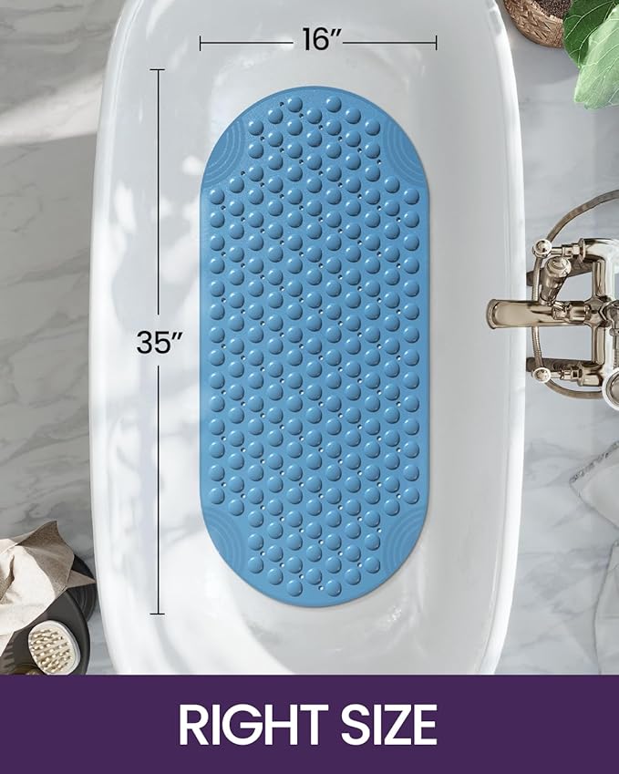 DEXI Bathtub Mat Non Slip 16x35, Shower Floor Mats for Bathroom Bath Tub, Washable Oval Bathmat with Suction Cups and Drain Holes, Blue