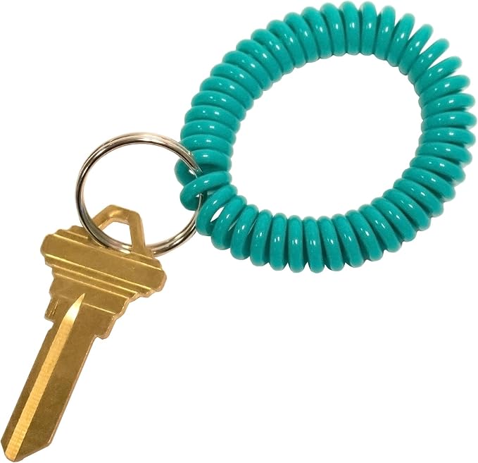 Lucky Line 2” Diameter Spiral Wrist Coil with Steel Key Ring, Flexible Wrist Band Key Chain Bracelet, Stretches to 12”, Teal, 5 Pack (4103805)