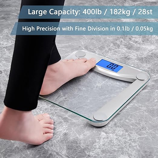 Vitafit Digital Bathroom Weight Scale for Body Weight, High Accuracy Assured by Weighing Professional Since 2001,Extra Large Blue Backlit LCD and Step-On, 400lb/182kg, Clear Glass