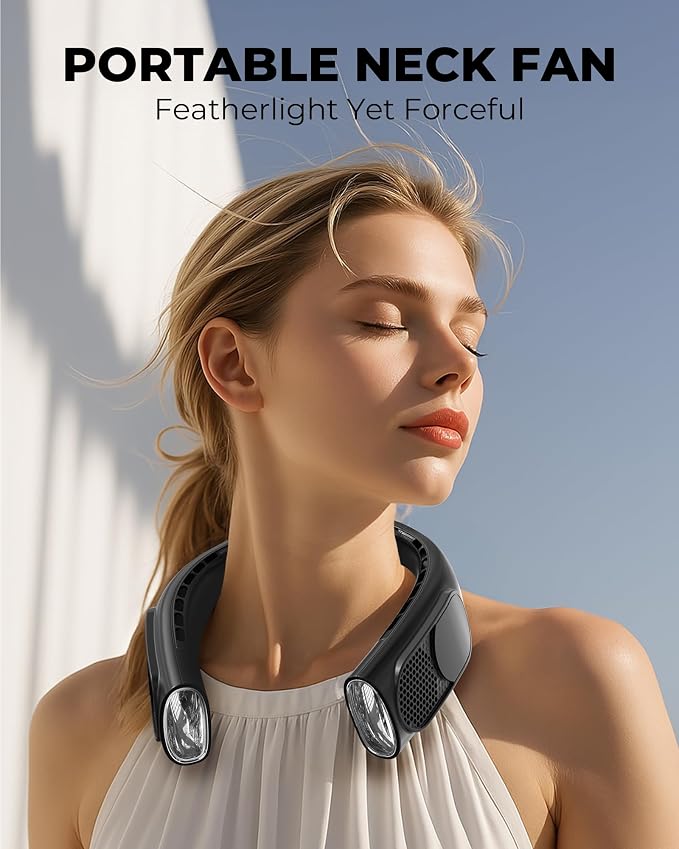 GOTOTO Portable Neck Fans that Blow Cold Air, Wearable Bladeless Neck Fan | Rechargeable 360° Personal Fan Neck Cooler, 3-Speed, LED Display, 4000mAh, Type C, Travel, Outdoor, Birthday Gift, Black
