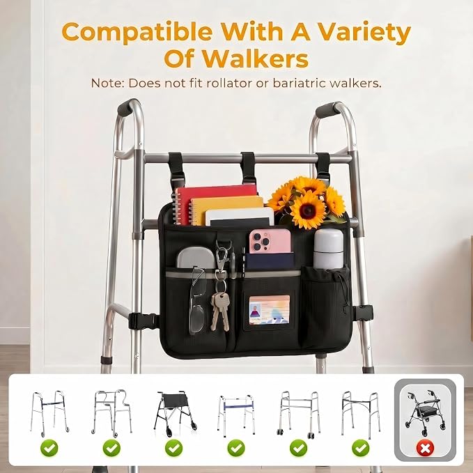 Walker Accessories Bag, Cup Holder & Waterproof Storage for Seniors | Foldable