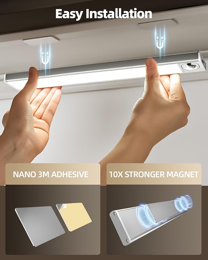 2Pack 12inch Under Cabinet Lighting, Rechargeable Motion Sensor Light Wireless Indoor, Dimmable 3 Color Temps Closet Lights with IR Remote, Under Counter LED Lights for Kitchen, Stairs