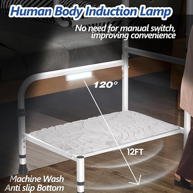 Bed Step Stool for Elderly/High Bed, 360 ° Anti Fall Armrest，Support 800 lbs, 8-Level Adjustable Height, Storage Bag, Memory Sponge Carpet, USB Light, 3 4m Fixed Strap, for Bed Height Below 40″