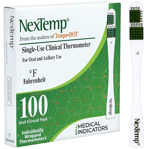 Disposable Thermometer (100-Pack, Fahrenheit) — Oral Thermometer for Adults, Single Use, Battery Free, Hygienic, Accurate Readings in 1 Minute, for Home, Clinic & Travel