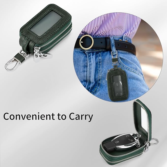 SENDEFN Car Key Fob Case Double Zipper Leather Smart Remote Keychain Protector Holder with Transparent Window