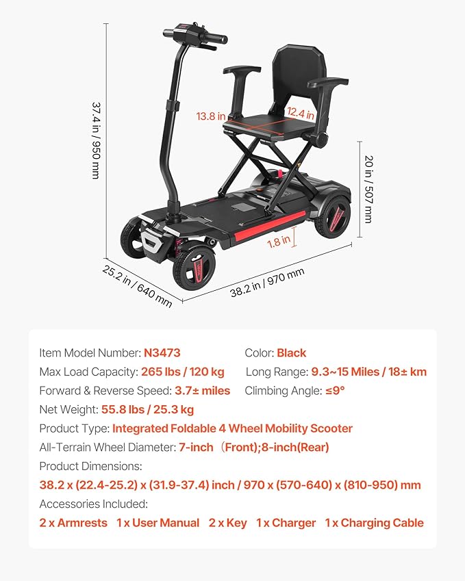 Mobility Scooter with Seniors & Adults, Electric Power Scooter, Dual Front Suspension Enhance Stability & Comfort, 4 Wheel Lightweight Foldable Design, Removable 24V 12Ah Long Range